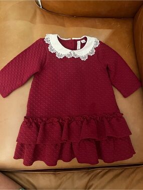 Girls' Burgundy Quilted Dress with Lace Collar